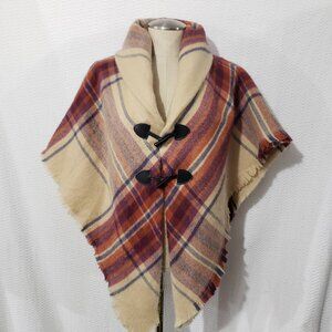 Plaided Soft Beige Multicolor Toggle Shawl Poncho One Size